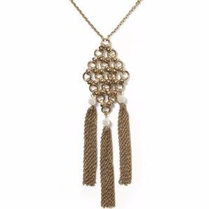Banana Republic Antique Gold Mesh Double Link Tassel Pearl Necklace NWT 78